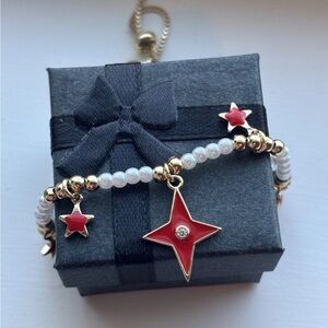 Boho Gold Plated Pearl Star Charm Bracelet Red Enamel Adjustable Slider Y2K Cute